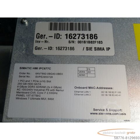 Siemens komponent Siemens 6AV7872-0BC20-0AA0 Simatik Panel PC 677B SN: 001B1B82F183 gebraucht - TOP Zustand