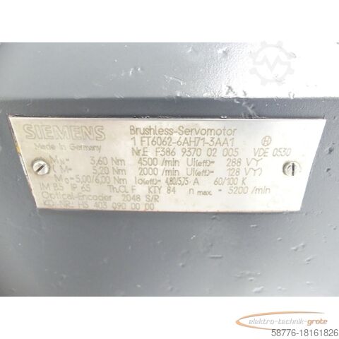 Motor Siemens Siemens 1FT6062-6AH71-3AA1 Motor SNEF386937002005 generalüberholt mit 12 Monaten Gewährleistung