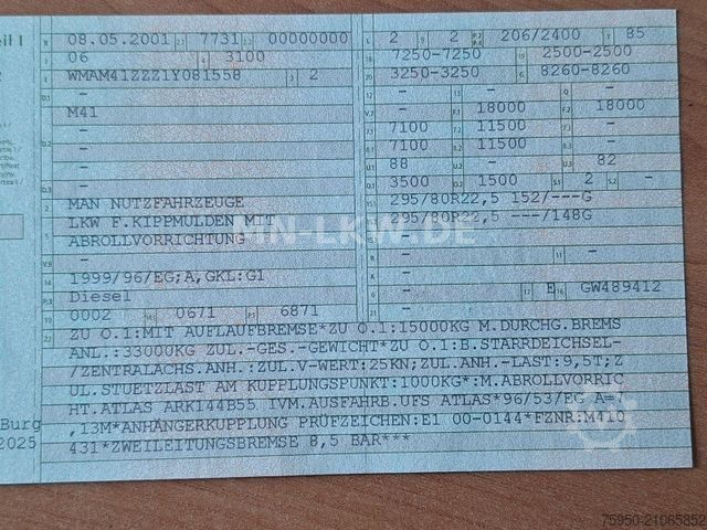 Sklápěcí vůz MAN 18.280 4x4 ALLRAD ABROLLKIPPER ATLAS HAKEN TÜV