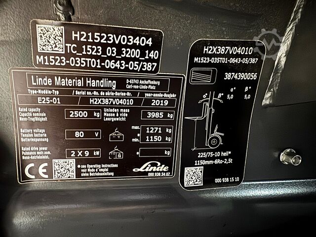 Serwis w 2019 roku + kontrola UVV do 09/2027, 12 341 motogodzin Linde E25