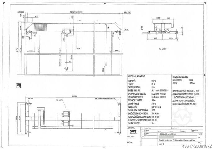 Bridge Crane 8 t, Bridge Crane 20 m SWF 8-20-30