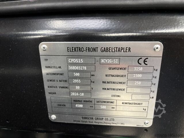 Elektrikli 3 tekerlekli forklift Hangcha Elektrostapler CPDS15