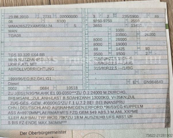 Truck chassis MAN TGS 33.320 / WENIG KM / 6X4 / Full Steel /Manual