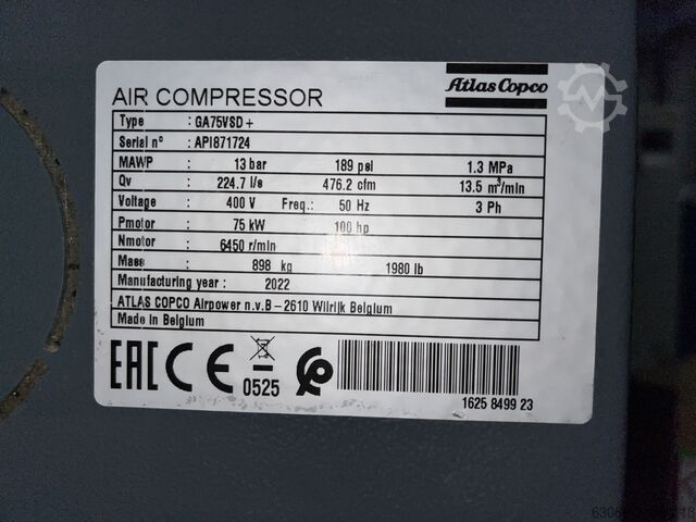 Vida kompresörü Atlas Copco GA75VSD+