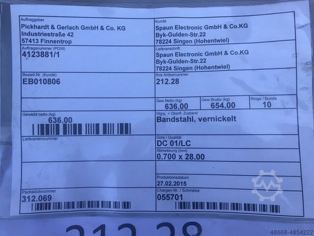 Stripstaal Gestanste strip Plaatstaal vernikkeld Pickhardt & Gerlach DC 01 / LC 0,70 x 28mm. 5700kg