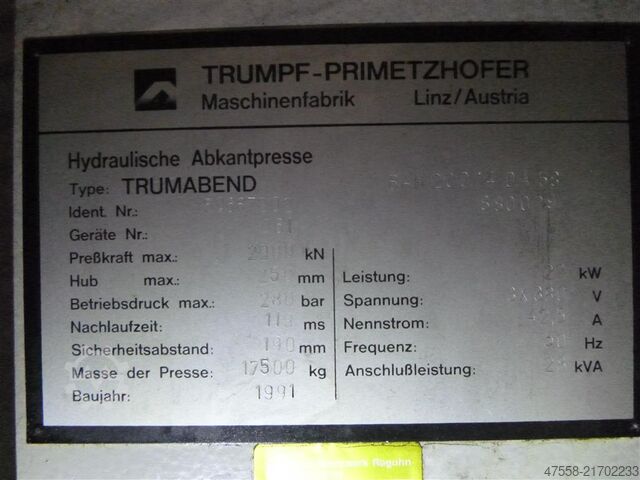 Tryckbroms - hydraulisk TRUMPF-PRIMETZHOFER TrumaBend BAH 200/4
