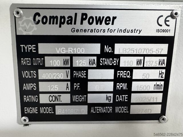 100 kW dieselgenerator – 125 kVA Compal Power VG-R100
