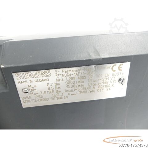Siemens motor Siemens 1FT6064-1AF71-3EG1 Synchronservomotor SN:EL289406202001