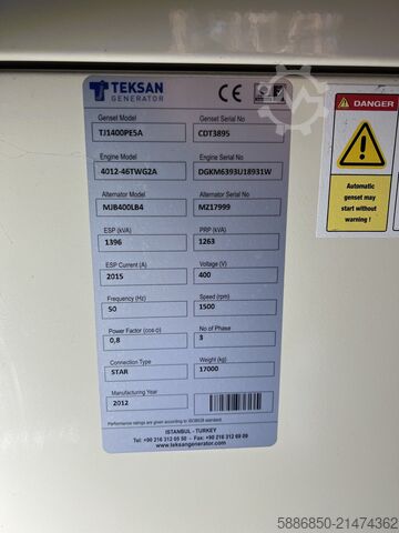 Generator Agregat Teksan 1396 kVA  