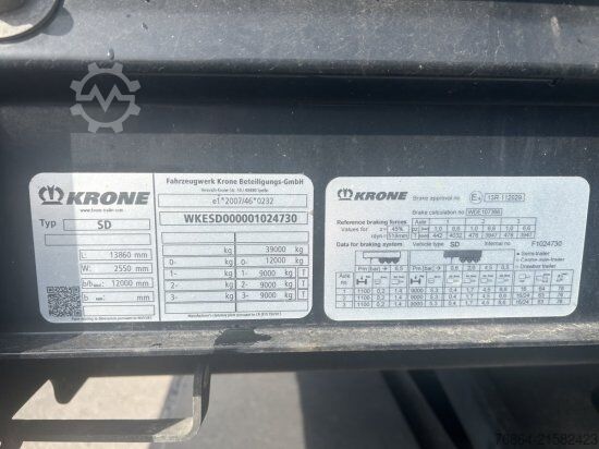 Öppen semitrailer med kapell KRONE SD PLANENAUFLIEGER LIFTACHSE, KRONE-ACHSE, PALETTENKASTEN, EDSCHA-VERDECK MEHRERE EINHEITEN