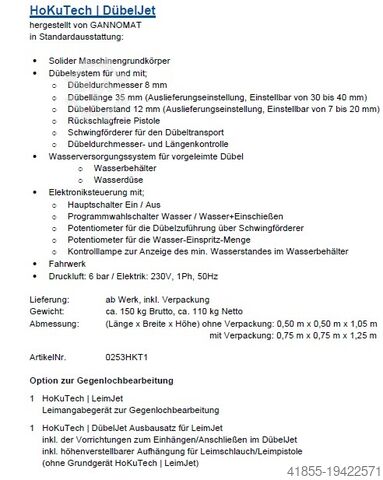 Machine à insérer des tourillons + Appareil d'application de colle Gannomat DübelJet + Leimangabegerät