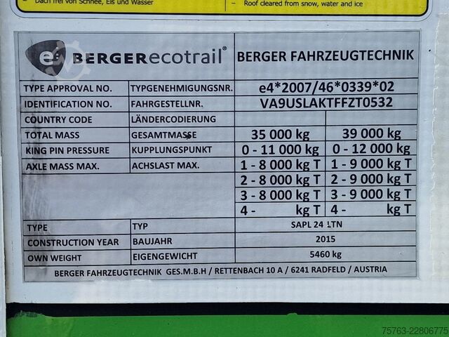 Przesuwne plandeki Berger Ecotrail Tautliner 3 axle - SAF Axle - Pallet b...