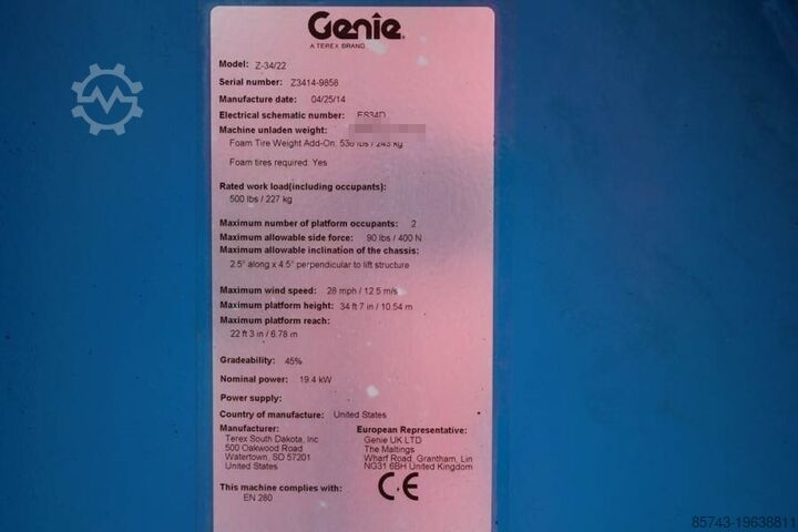 Scharnierende telescopische hoogwerker Genie Z34/22 Diesel, 4x4 Drive, 12.6m Working Height, 6.