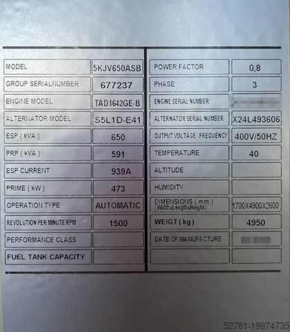 Agregado Volvo TAD1642GE - 650 kVA Generator - DPX-18884