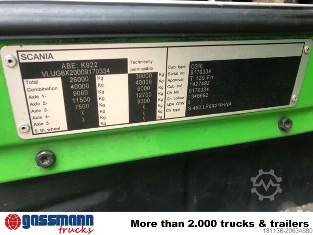 Haakarm vrachtwagen Scania Scania G 480/6x2-4, Lenk-Liftachse, Hiab Kran