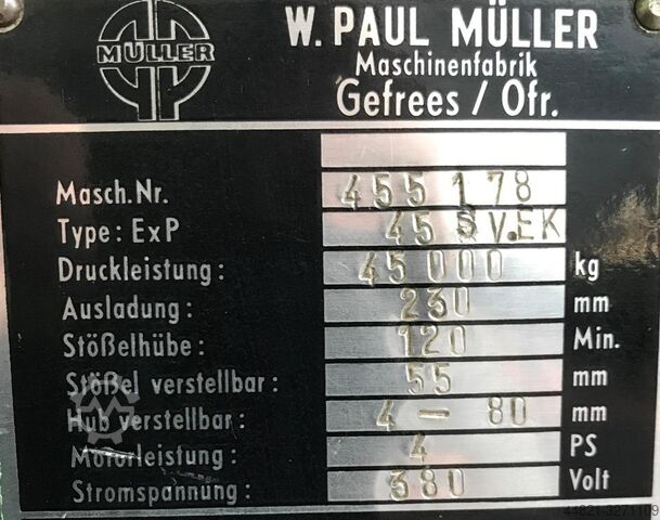 Enkelkoloms excentrieke pers MÜLLER 45 SV/EK