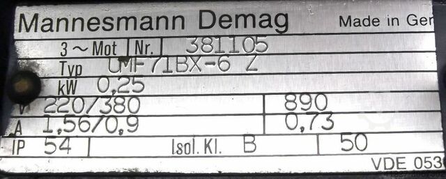 Gearmotor 0,25 kW 89 o / min Demag UMF71BX-6Z