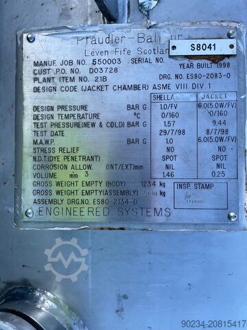 49 kvadratfod Pfaudler Balfour rustfri stål wiped film fordamper PFAUDLER 49 Sq. Ft.