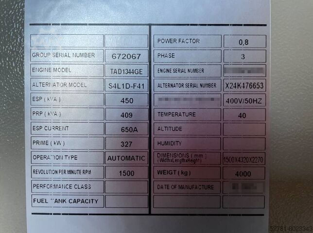 Aggregaat Volvo TAD1344GE - 450 kVA Generator - DPX-18880