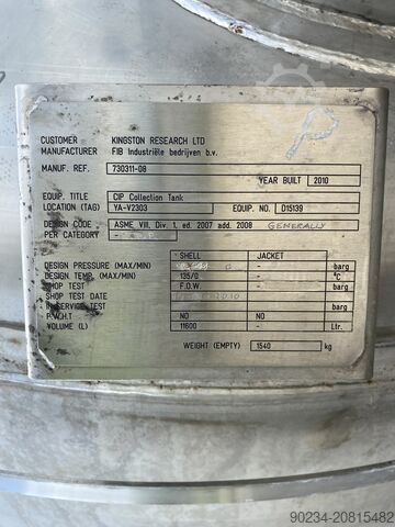 Zbiornik magazynowy ze stali nierdzewnej o pojemności 11 600 litrów, 2100 mm średnicy x 2650 mm pros FIB INDUSTRIELE BEDRIJUEN 11,600 Litre