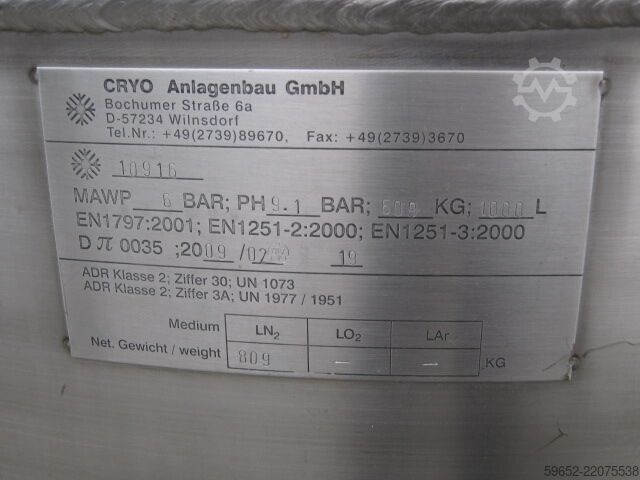Sıvı azot için depolama tankı CRYO Vakuumtank Stickstoff 1000 Liter