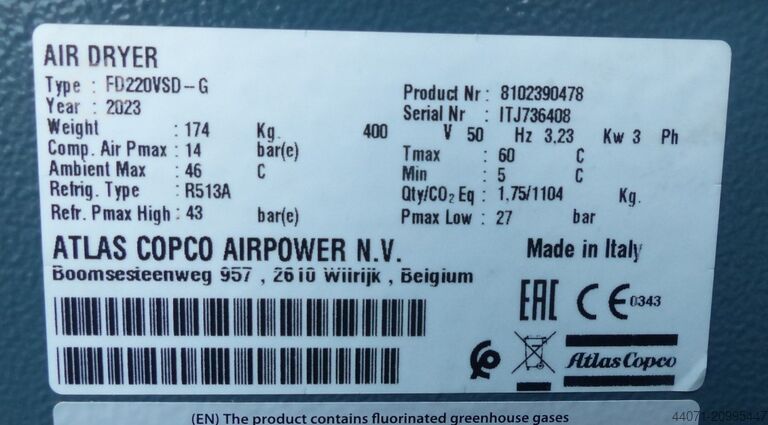 Tryckluftkylartork FD220VSD-G Atlas Copco FD220VSD-G