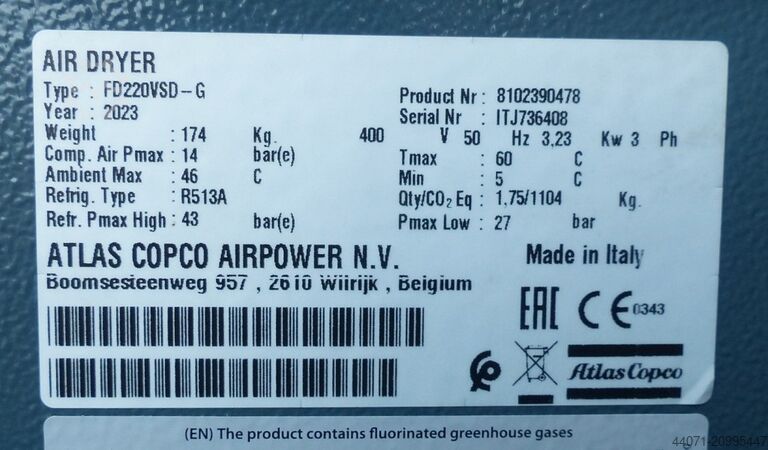Tryckluftkylartork FD220VSD-G Atlas Copco FD220VSD-G