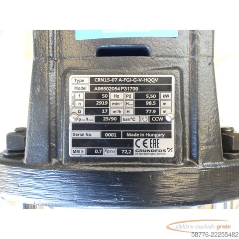 Komponent Grundfos CRN15-07 A-FGJ-G-V-HQQV Pumpe + MG132SC2-38FF265-H3 --