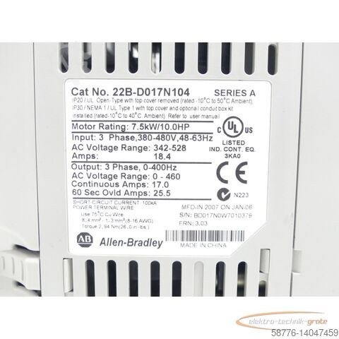 Componente Allen Bradley Allen Bradley 22B-D017N104 / PowerFlex40 generalüberholt mit 24 Monaten Gewährleistung! -