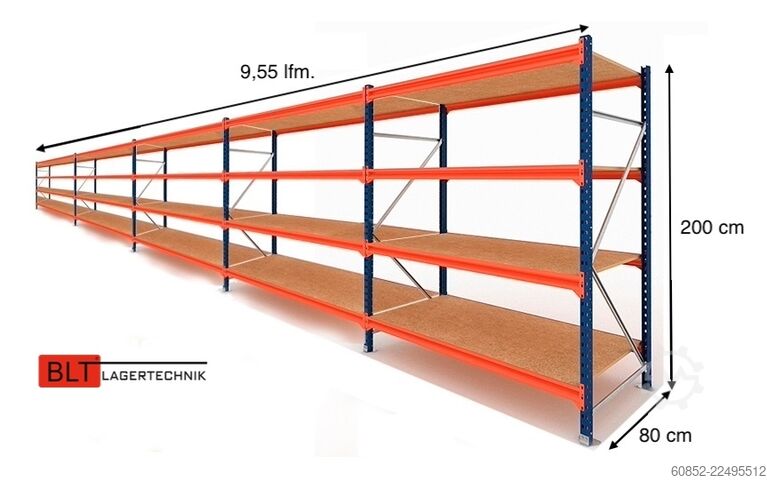 Breedvak opslagsstelling ca. 9,56 lfm. Weitspannregale H: 200 cm T: 80 cm , 400 kg Fachlast , 4 Ebenen