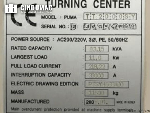 Οριζόντια μηχανή περιστροφής DAEWOO PUMA TT 2000 SY