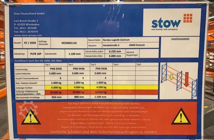 25 m palletstelling, 6 m hoog, 6 niveaus Stow Pal Rack