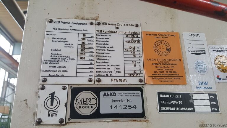 Hydraulische pers VEB Wema Zeulenroda PYE 10 S1