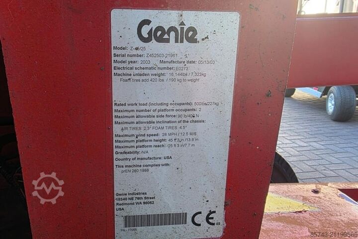 Scharnierende telescopische hoogwerker Genie Z-45/25 As-Is, Electric, 16m Working height, 7.65m