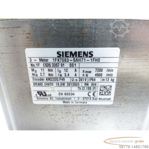 Siemens motor Siemens 1FK7063-5AH71-1FH0 Synchronservomotor SN: YFC535335701001