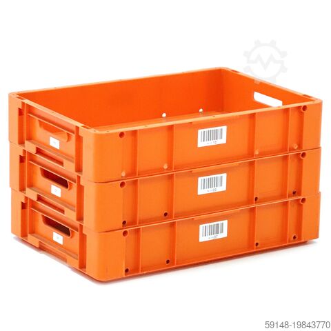 Gebruikte Euronorm stapelbakken alle wanden gesloten + open handgrepen L:600,B:400,H:120mm Kruizinga 98-7274GB-PAL