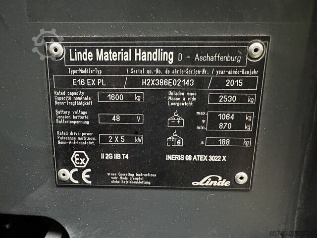 E 16 PL - 386 * Atex EX * Proplan 2G / Z1 * Νέα μπαταρία!! LINDE E 16 PL - 386 * Atex EX * Proplan 2G / Z1 * NEW battery !!