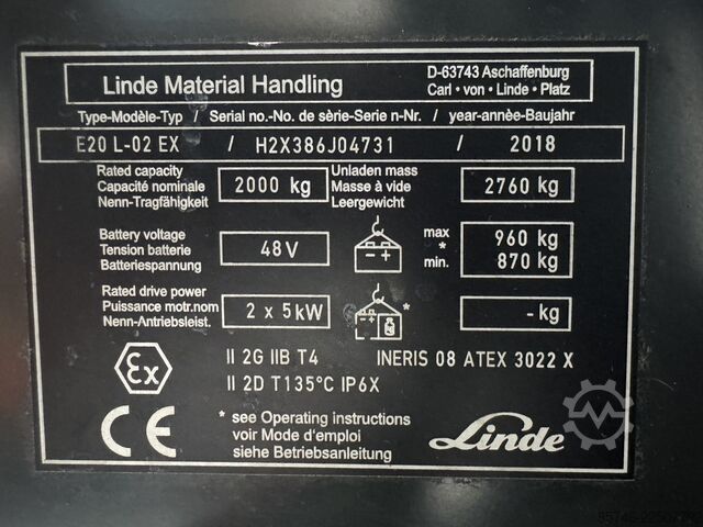 E 20 L - 386 / 02 Evo * Atex EX * Proplan 2GD / Z1 & 21 & 22 * Triplex FFL * NYTT batteri !! LINDE E 20 L - 386 / 02 Evo * Atex EX * Proplan 2GD / Z1 & 21 & 22 * Triplex FFL * NEW battery !!