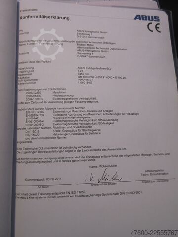 Kraanhimmel kraan halkraan spoor 9485 mm ABUS Hallenkran Brückenkran Kran ELV 3,2 NL 3200Kg Portalkran Kran 9485mm Hub 6m