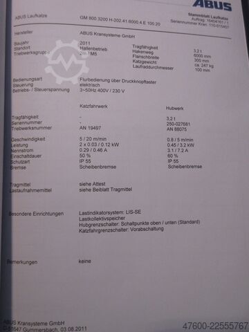 Kraanhimmel kraan halkraan spoor 9485 mm ABUS Hallenkran Brückenkran Kran ELV 3,2 NL 3200Kg Portalkran Kran 9485mm Hub 6m