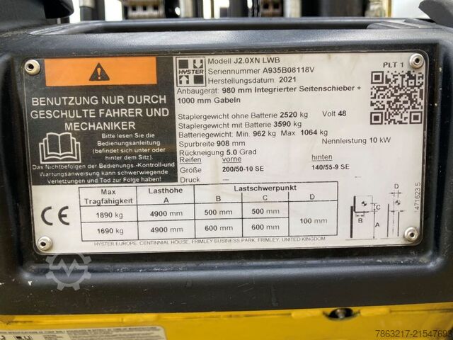 Electric 4-wheel forklift Hyster J 2.0 XN LWB