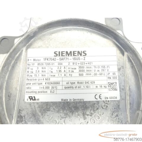 Control unit Siemens 1FK7042-5AF71-1SU5 -Z Servomotor ohne Getriebe SN: YFB526726501004
