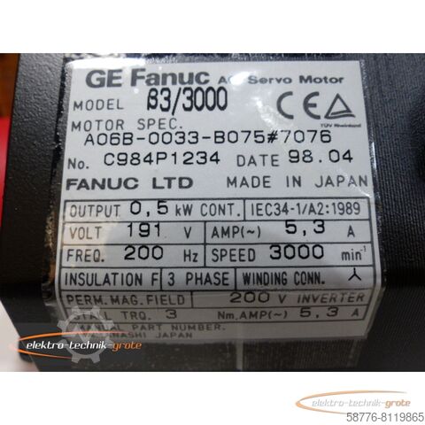 Silnik Fanuc Fanuc A06B-0033-B075 # 7076 AC Servo Motor  !