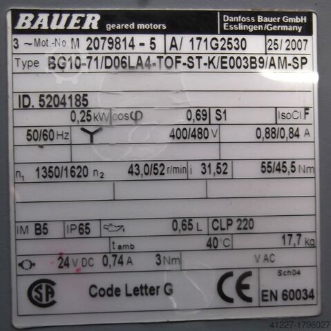 Tandwielmotor 0,25 kW 43 tpm Bauer BG10-71/D06LA4-TOF-ST-K/E003B9/AM-SP