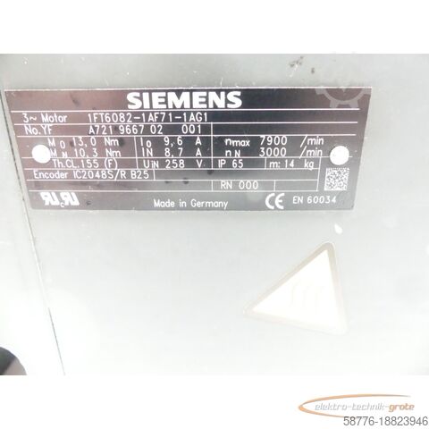 Siemens motor Siemens 1FT6082-1AF71-1AG1 Synchron-Servomotor  SN: YF A721 9667 02 001