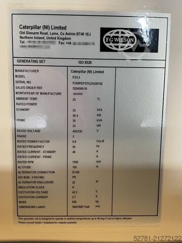 Tilslag FG Wilson P33-3 - 33 kVA Genset - 125L Tank - DPX-16003-66