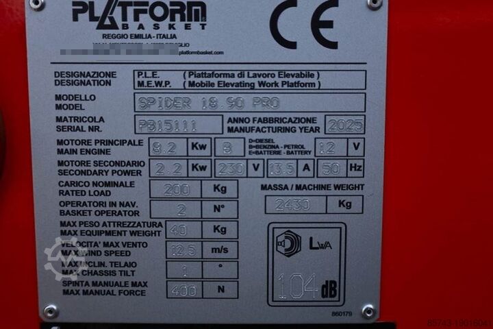 Scharnierende telescopische hoogwerker PLATFORM BAS Spider 18.90 PRO CE Declaration, Vali
