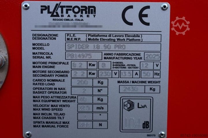 Scharnierende telescopische hoogwerker Platform Basket Spider 18.90 PRO CE Declaration, Valid inspection,