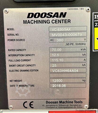 Dikey işleme merkezi DOOSAN VC 630 5AX