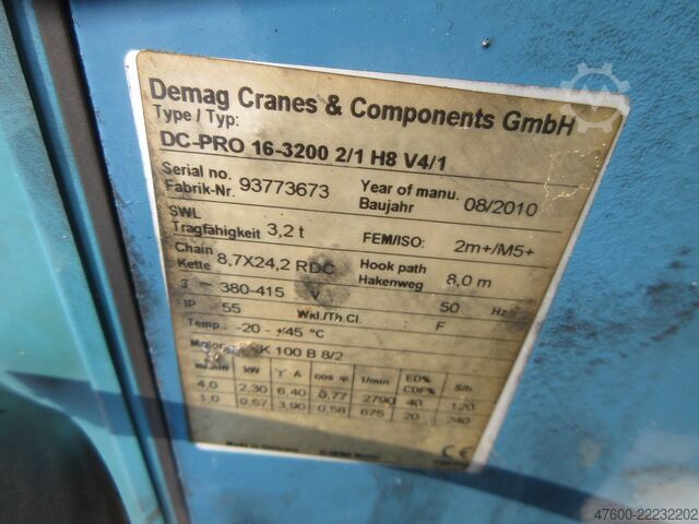 Treuil à chaîne unité de levage grue pont roulant Demag DC Pro Nutzlast 3200KG Kettenzug DC Pro 16-3200 2/1 V4/1 HUB 8m Kran 400V